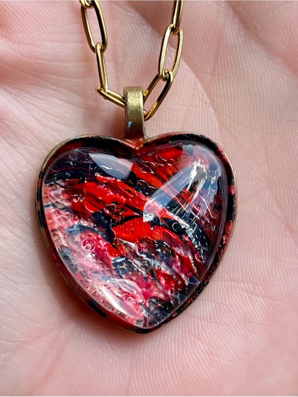 Handmade hand-painted Heart Pendant Necklace in Red and Black
